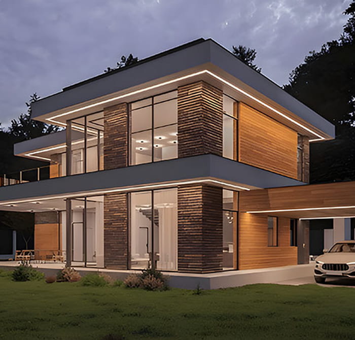 Aerial 3D visualization of a commercial building and landscaped site