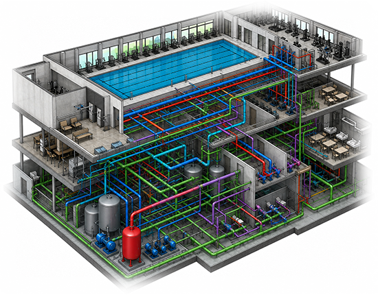 Coordinated plumbing BIM model for sports club facility in LeClaire, Iowa
