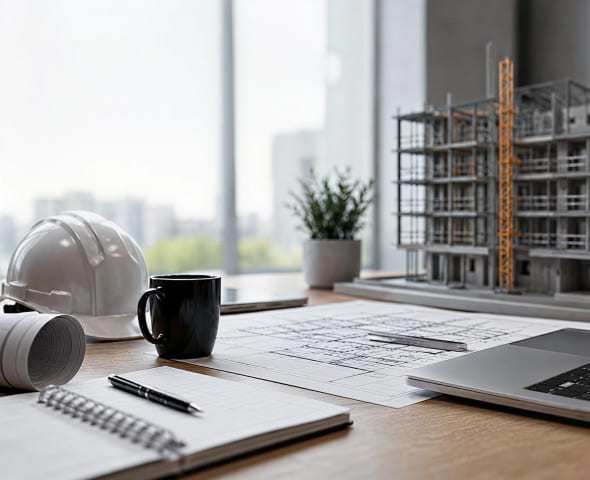Architect workspace with BIM plans and building model