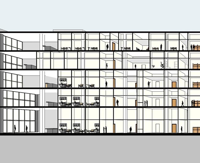 Architectural section drawing of a multi-story building for design development services