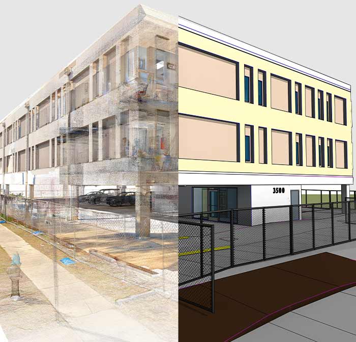 Laser scanner converting a building point cloud into a Revit BIM model