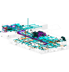 Color-coded mechanical BIM model with MEP ductwork and piping